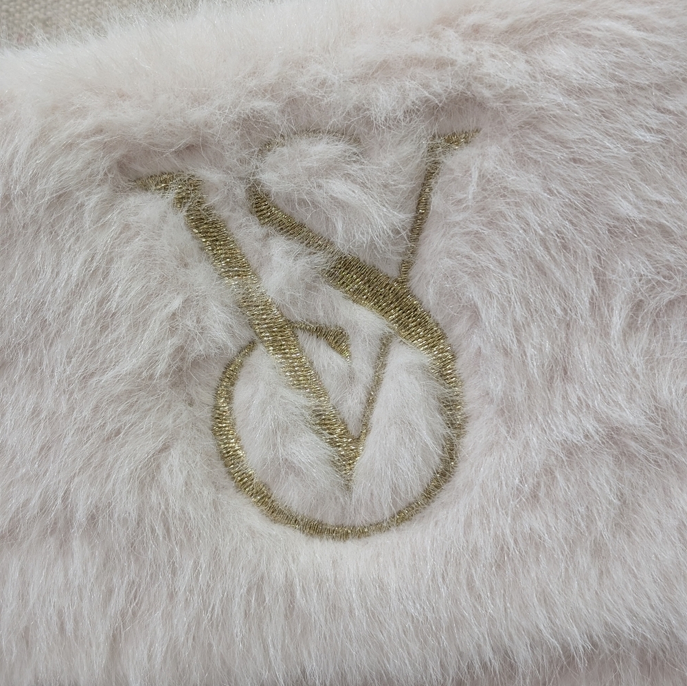 NWT Victorias Secret Christmas Stocking Exclusive White Faux Fur Gold Embroidery - Picture 2 of 5